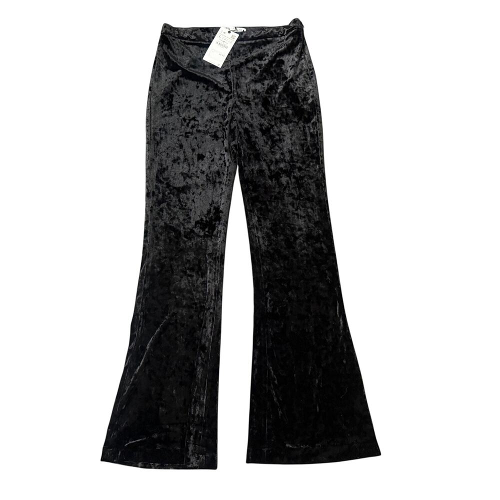 NWT Zara Black Crushed Velvet Flare Pants Large High Rise Y2K Holiday Party